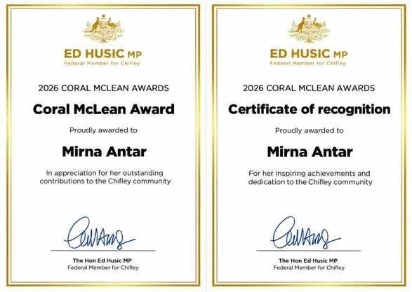 The 2026 Coral McLean Award and Certificate of Recognition awarded to Mirna Antar